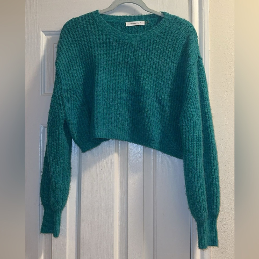 Mustard Seed Teal Cropped Crewneck Wool Sweater